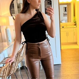 Amanda Uprichard Ania Brown Velvet One Shoulder Top